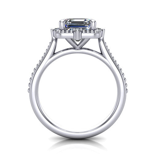 Esther asscher vintage halo engagement ring in 14K White Gold with squared milgrain halo and corner points, through-finger front profile
