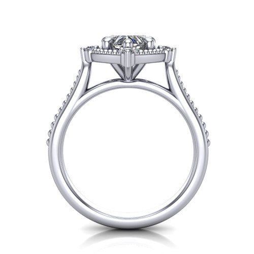 Esther heart vintage halo engagement ring in 18K White Gold with squared milgrain halo and corner points, through-finger front profile
