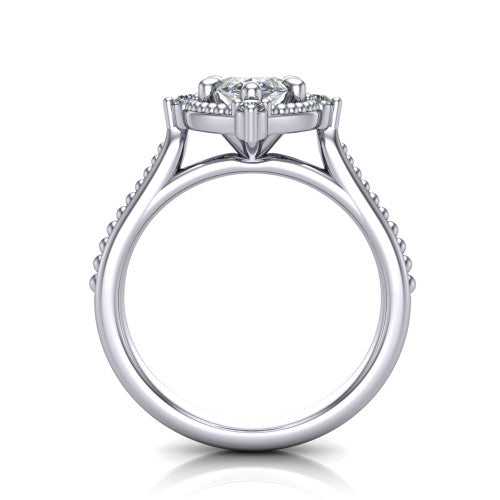Esther marquise vintage halo engagement ring in Platinum with squared milgrain halo and corner points, through-finger front profile