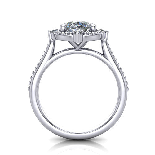 Esther oval vintage halo engagement ring in Platinum with squared milgrain halo and corner points, through-finger front profile