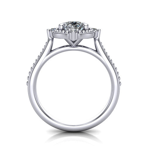 Esther pear vintage halo engagement ring in Platinum with squared milgrain halo and corner points, through-finger front profile