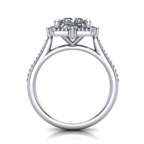 Esther princess vintage halo engagement ring in 14K White Gold with squared milgrain halo and corner points, through-finger front profile