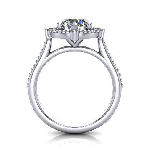 Esther round vintage halo engagement ring in 18K White Gold with squared milgrain halo and corner points, through-finger front profile
