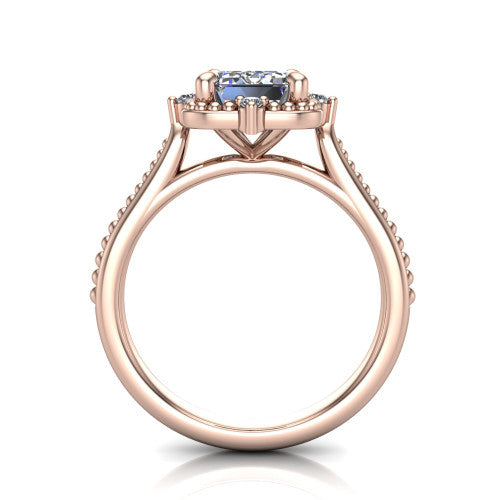 Esther emerald vintage halo engagement ring in 14K Rose Gold with squared milgrain halo and corner points, through-finger front profile