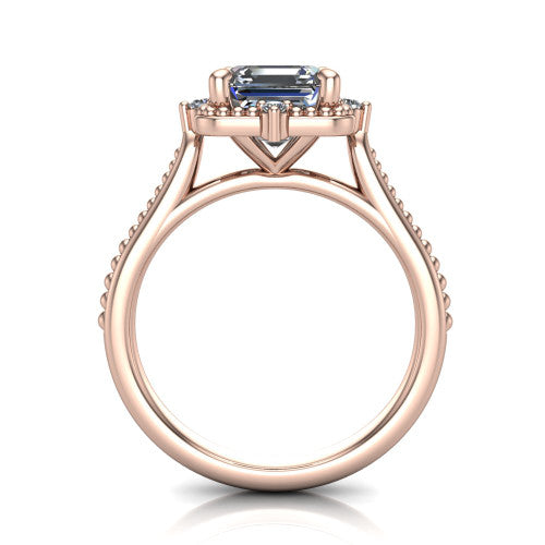 Esther asscher vintage halo engagement ring in 18K Rose Gold with squared milgrain halo and corner points, through-finger front profile
