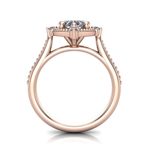 Esther heart vintage halo engagement ring in 18K Rose Gold with squared milgrain halo and corner points, through-finger front profile