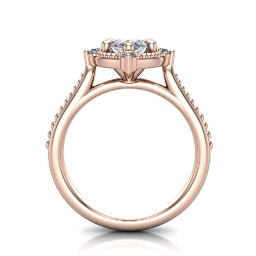 Esther marquise vintage halo engagement ring in 14K Rose Gold with squared milgrain halo and corner points, through-finger front profile