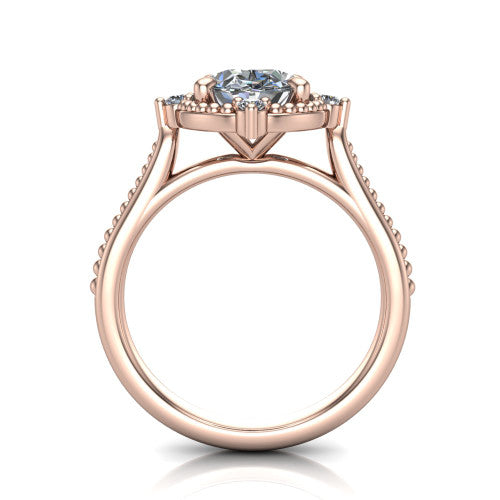 Esther oval vintage halo engagement ring in 18K Rose Gold with squared milgrain halo and corner points, through-finger front profile