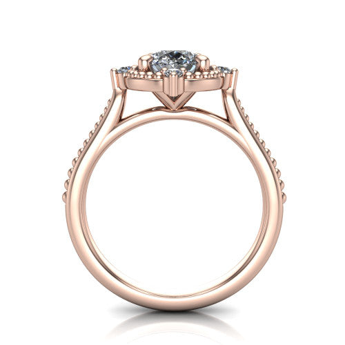 Esther pear vintage halo engagement ring in 14K Rose Gold with squared milgrain halo and corner points, through-finger front profile