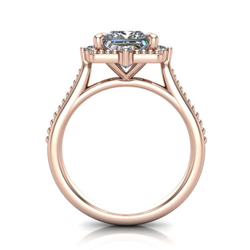 Esther princess vintage halo engagement ring in 18K Rose Gold with squared milgrain halo and corner points, through-finger front profile