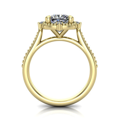 Esther cushion vintage halo engagement ring in 18K Yellow Gold with squared milgrain halo and corner points, through-finger front profile