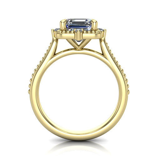 Esther asscher vintage halo engagement ring in 18K Yellow Gold with squared milgrain halo and corner points, through-finger front profile