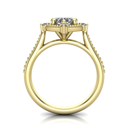Esther heart vintage halo engagement ring in 14K Yellow Gold with squared milgrain halo and corner points, through-finger front profile