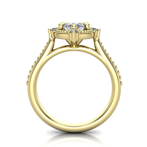 Esther marquise vintage halo engagement ring in 18K Yellow Gold with squared milgrain halo and corner points, through-finger front profile