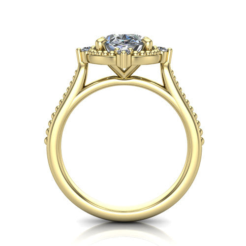 Esther oval vintage halo engagement ring in 18K Yellow Gold with squared milgrain halo and corner points, through-finger front profile