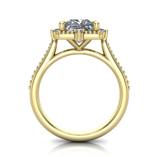 Esther princess vintage halo engagement ring in 14K Yellow Gold with squared milgrain halo and corner points, through-finger front profile