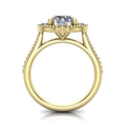 Esther round vintage halo engagement ring in 18K Yellow Gold with squared milgrain halo and corner points, through-finger front profile