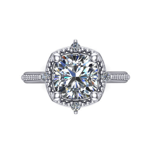 Esther cushion vintage halo engagement ring in 18K White Gold with squared milgrain halo and corner points, top-down view of the squared halo and corner points