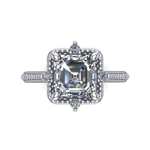 Esther asscher vintage halo engagement ring in 18K White Gold with squared milgrain halo and corner points, top-down view of the squared halo and corner points