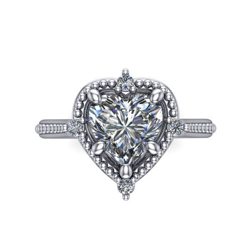 Esther heart vintage halo engagement ring in 18K White Gold with squared milgrain halo and corner points, top-down view of the squared halo and corner points