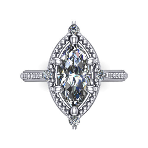 Esther marquise vintage halo engagement ring in Platinum with squared milgrain halo and corner points, top-down view of the squared halo and corner points