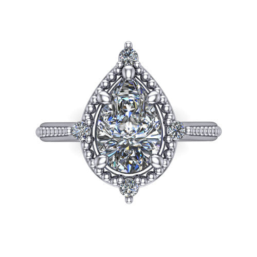 Esther pear vintage halo engagement ring in 14K White Gold with squared milgrain halo and corner points, top-down view of the squared halo and corner points