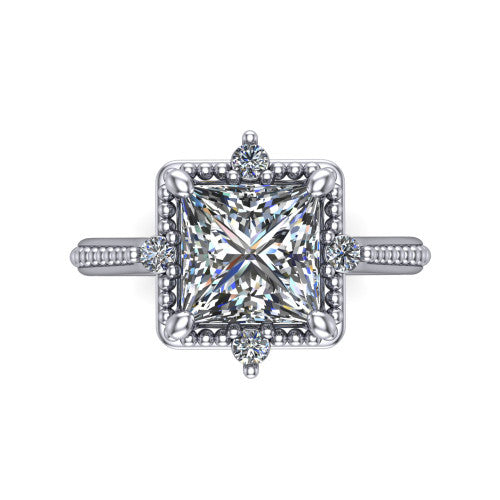 Esther princess vintage halo engagement ring in Platinum with squared milgrain halo and corner points, top-down view of the squared halo and corner points