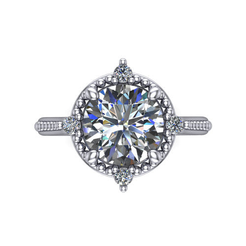 Esther round vintage halo engagement ring in 14K White Gold with squared milgrain halo and corner points, top-down view of the squared halo and corner points