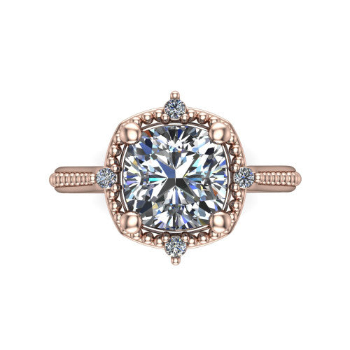 Esther cushion vintage halo engagement ring in 18K Rose Gold with squared milgrain halo and corner points, top-down view of the squared halo and corner points