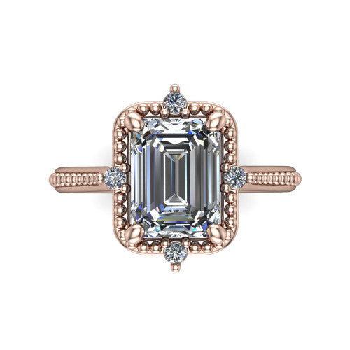 Esther emerald vintage halo engagement ring in 14K Rose Gold with squared milgrain halo and corner points, top-down view of the squared halo and corner points