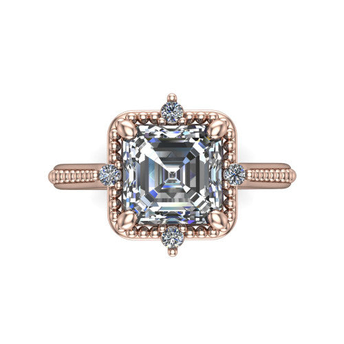 Esther asscher vintage halo engagement ring in 14K Rose Gold with squared milgrain halo and corner points, top-down view of the squared halo and corner points