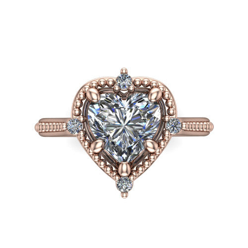 Esther heart vintage halo engagement ring in 18K Rose Gold with squared milgrain halo and corner points, top-down view of the squared halo and corner points