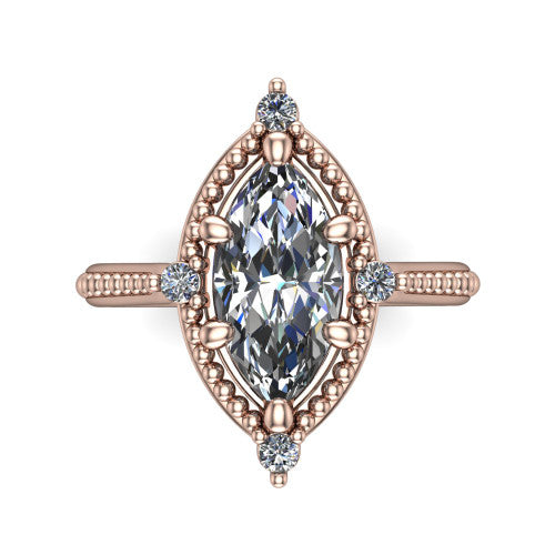 Esther marquise vintage halo engagement ring in 18K Rose Gold with squared milgrain halo and corner points, top-down view of the squared halo and corner points