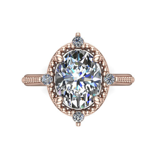Esther oval vintage halo engagement ring in 14K Rose Gold with squared milgrain halo and corner points, top-down view of the squared halo and corner points