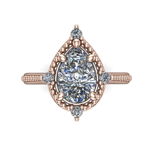 Esther pear vintage halo engagement ring in 18K Rose Gold with squared milgrain halo and corner points, top-down view of the squared halo and corner points