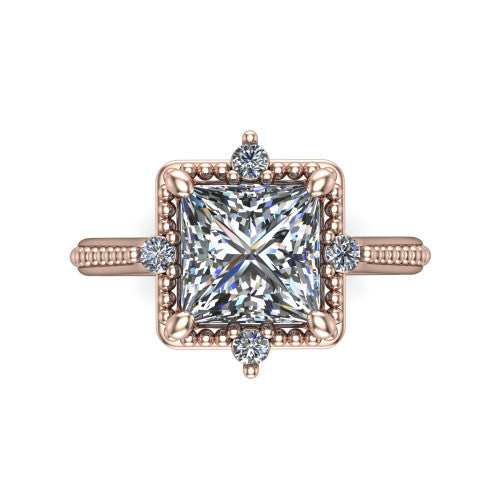 Esther princess vintage halo engagement ring in 14K Rose Gold with squared milgrain halo and corner points, top-down view of the squared halo and corner points