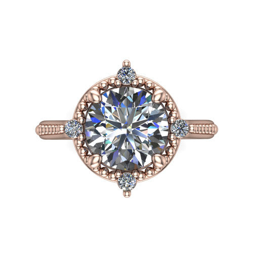 Esther round vintage halo engagement ring in 14K Rose Gold with squared milgrain halo and corner points, top-down view of the squared halo and corner points