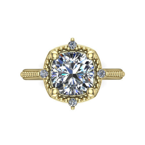 Esther cushion vintage halo engagement ring in 18K Yellow Gold with squared milgrain halo and corner points, top-down view of the squared halo and corner points