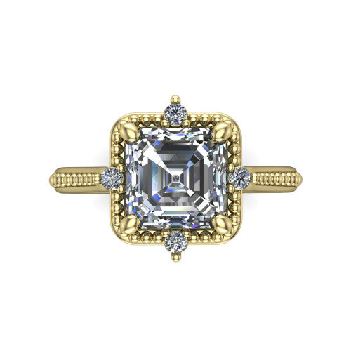 Esther asscher vintage halo engagement ring in 18K Yellow Gold with squared milgrain halo and corner points, top-down view of the squared halo and corner points