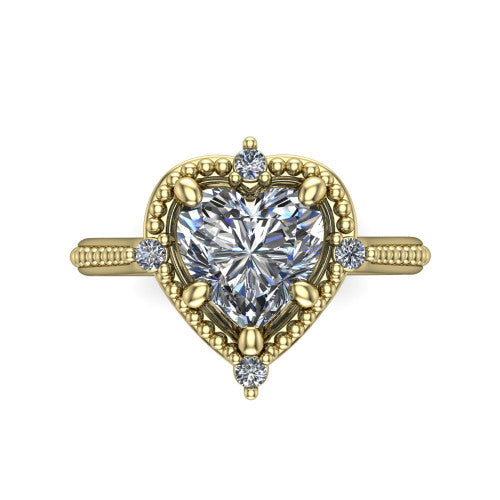 Esther heart vintage halo engagement ring in 14K Yellow Gold with squared milgrain halo and corner points, top-down view of the squared halo and corner points