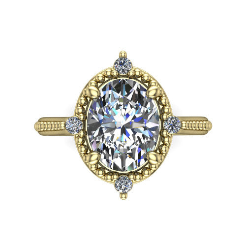 Esther oval vintage halo engagement ring in 18K Yellow Gold with squared milgrain halo and corner points, top-down view of the squared halo and corner points