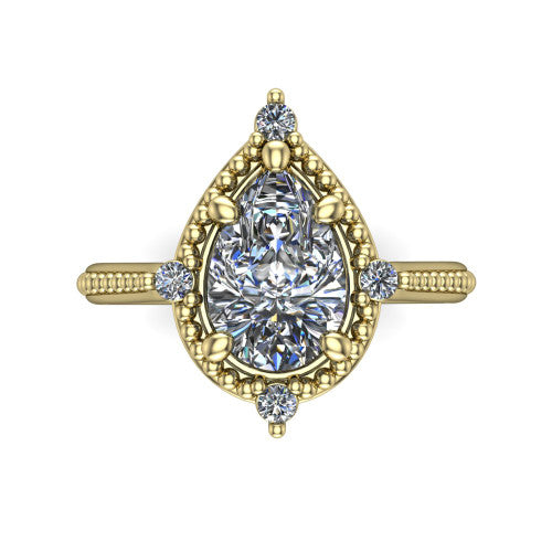 Esther pear vintage halo engagement ring in 18K Yellow Gold with squared milgrain halo and corner points, top-down view of the squared halo and corner points