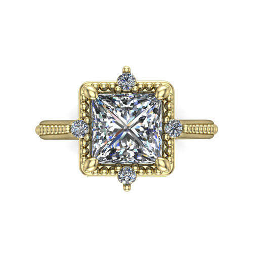 Esther princess vintage halo engagement ring in 18K Yellow Gold with squared milgrain halo and corner points, top-down view of the squared halo and corner points