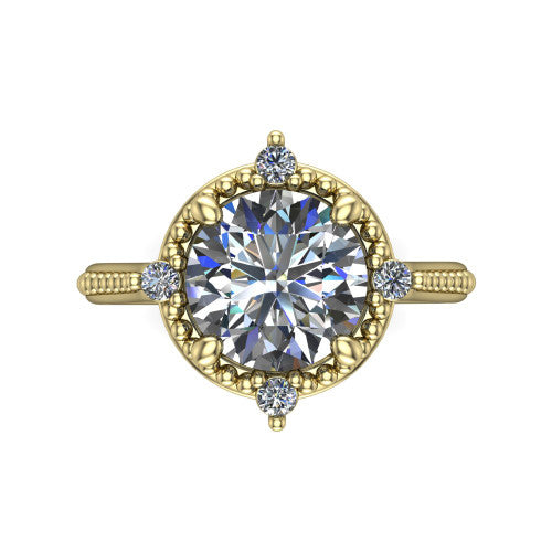 Esther round vintage halo engagement ring in 18K Yellow Gold with squared milgrain halo and corner points, top-down view of the squared halo and corner points