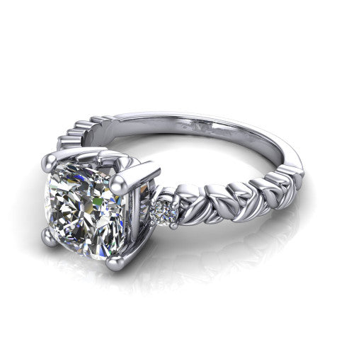 Mackenzie cushion leaf band engagement ring in 14K White Gold with carved rope-twist shank and round side accents, three-quarter perspective view