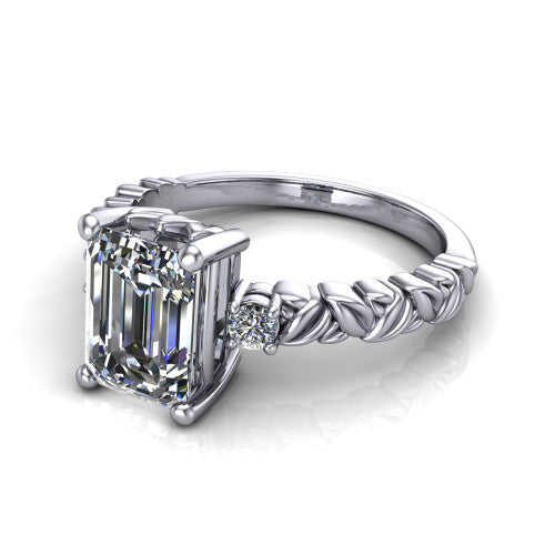 Mackenzie emerald leaf band engagement ring in Platinum with carved rope-twist shank and round side accents, three-quarter perspective view