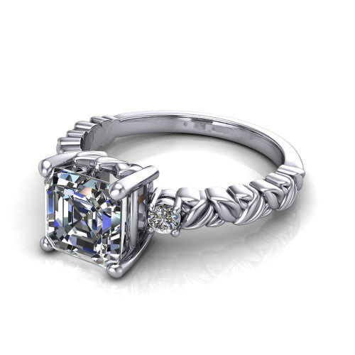 Mackenzie asscher leaf band engagement ring in Platinum with carved rope-twist shank and round side accents, three-quarter perspective view