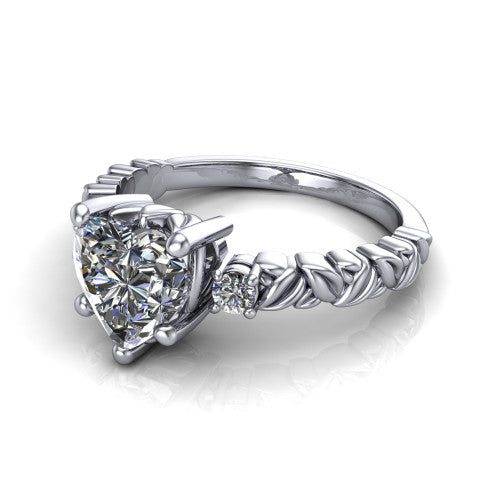 Mackenzie heart leaf band engagement ring in 14K White Gold with carved rope-twist shank and round side accents, three-quarter perspective view