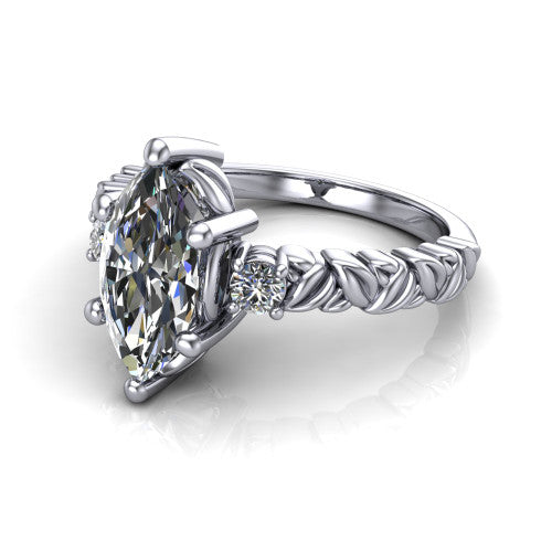 Mackenzie marquise leaf band engagement ring in Platinum with carved rope-twist shank and round side accents, three-quarter perspective view