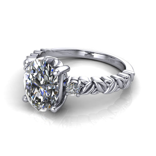 Mackenzie oval leaf band engagement ring in 14K White Gold with carved rope-twist shank and round side accents, three-quarter perspective view
